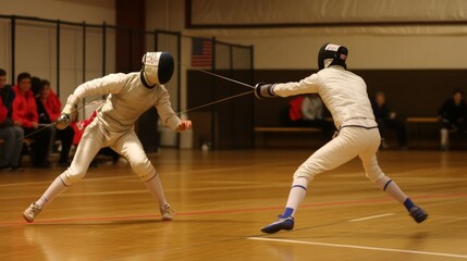 A fencer mid-lunge, fully engaged in the bout, with sharp focus on their opponent