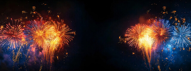 Fototapeta premium A stunning fireworks display perfect for New Year's Eve celebrations, party invitations, or festive events, showcasing vibrant colors against a dark sky.
