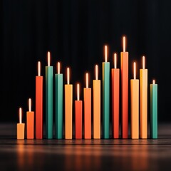 Obraz premium A colorful arrangement of candles in varying heights, illuminated from above, creating a visually striking pattern against a dark background.