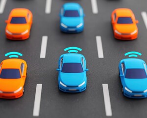 Colorful toy cars are arranged on a road, showcasing a modern design with signals depicting connectivity, suggesting themes of smart transportation.