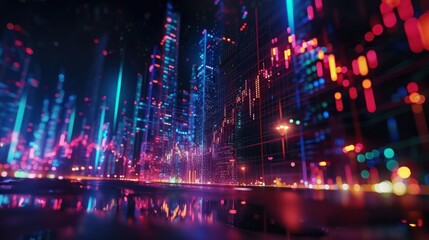 Fototapeta premium Futuristic city skyline with vibrant glowing skyscrapers and digital data streams reflecting on wet street.