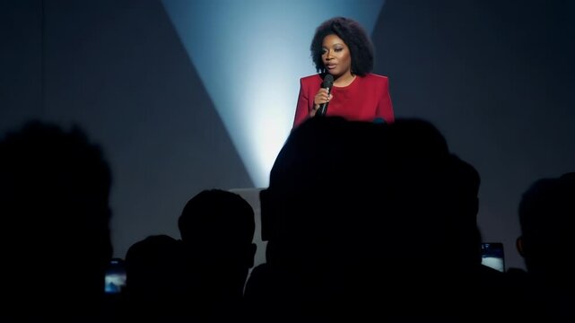 Confident woman in a red outfit speaking on stage under a spotlight. A powerful presentation conveying inspiration, confidence, and leadership.