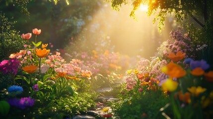 A garden bursting with life in spring, with colorful flowers, fresh leaves, and sunlight