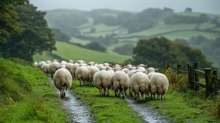 Fototapeta premium Flock of sheep walking down a muddy track in a green hilly landscape on a rainy day.