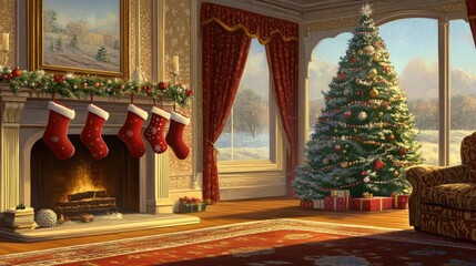 Fototapeta premium Sunlit Christmas living room with fireplace, decorated tree, stockings, and presents.