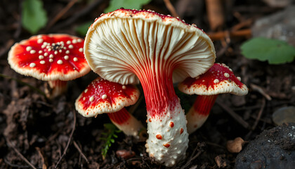 Inedible Hydnellum peckii (or ferrugineum) fungus with funnel-shaped cap with a white edge and bright red guttation droplets, common names: strawberries and cream, bleeding Hydnellum, Devil's tooth 