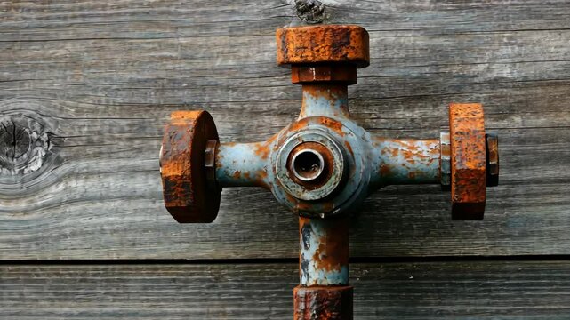 Old industrial pipe fitting rusting against a wooden background in a workshop setting