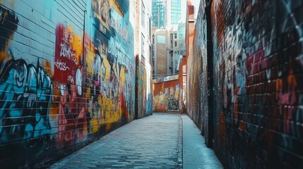 Fototapeta premium A graffiti-covered wall in an urban setting, full of vibrant colors and messages