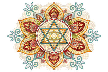 A colorful mandala with a star of David in the center