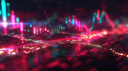 Obraz premium Abstract financial data visualization with candlestick charts and circuit board.