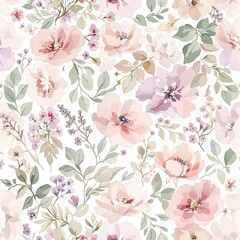 Beautiful floral and leaf elements in watercolor on white background tileable pattern, pastel, delicate, botanical