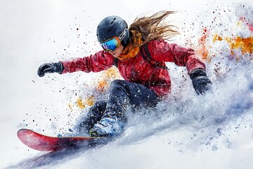 Female snowboarder carving through fresh powder snow on a mountain slope, dynamic watercolor-style artwork.