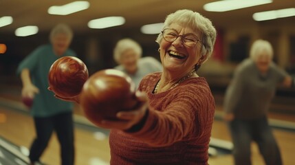A group of seniors practicing bowling at a community center, laughter all around