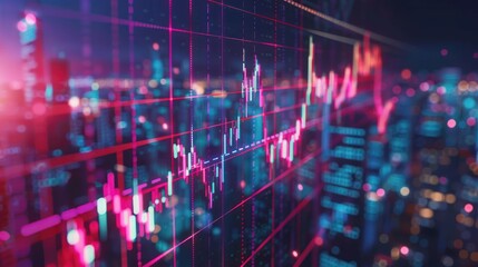 Futuristic cityscape with dynamic stock market graph overlay.