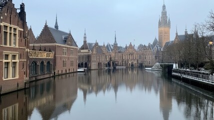 Fototapeta premium Canal reflections of ancient European architecture on a cold winter day.