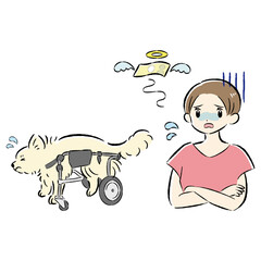 犬用車いすを付けた犬と心配する飼い主の女性のイラストセット