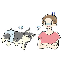 おむつをした犬と心配する飼い主の女性のイラストセット