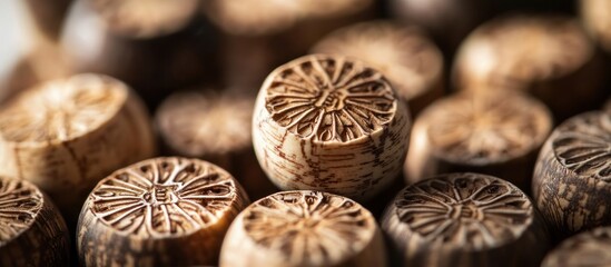 Close-up of wine corks with intricate branding, macro photography style
