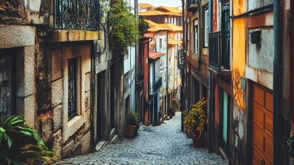 Fototapeta premium A historic city with old stone buildings and winding cobbled streets