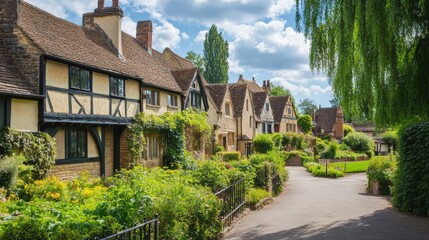 Charming row of traditional English houses with lush gardens and a winding path on a sunny day.