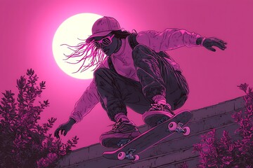 A Stylish Female Skateboarder Performing a Trick at Sunset in a Vibrant Pink and Purple Aesthetic.