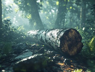 Tropical forest being consumed by deforestation with a focus on a single fallen tree