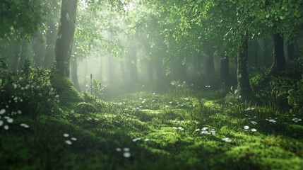 Obraz premium A lush spring forest with new leaves and soft green moss covering the ground