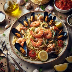 Spaghetti with Seafood in Cozy Mediterranean Restaurant