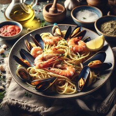 Spaghetti with Seafood in Cozy Mediterranean Restaurant