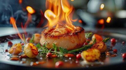Flamed scallops with roasted potatoes and herbs on a dark plate.