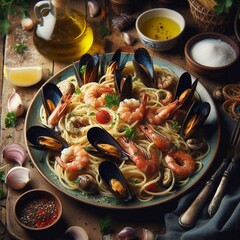 Spaghetti with Seafood in Cozy Mediterranean Restaurant