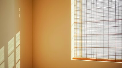 Sunlight Illuminates a Room Through Natural Woven Window Shades Casting Soft Shadows on a Wall