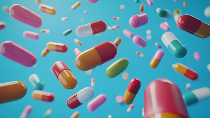 Colorful Pills Floating in Blue Background with Copy Space - Medical Concept
