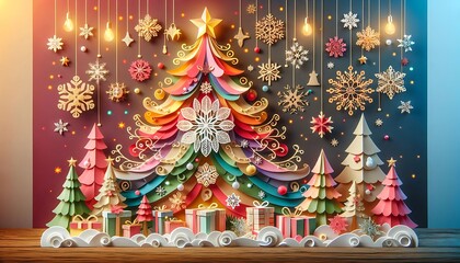 Colorful Paper Christmas Tree Festive Scene With Gifts