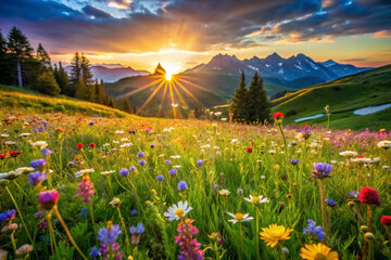 Vibrant wildflowers bloom in a mountain meadow at sunset, sun rays bursting through the clouds above snow-capped peaks.