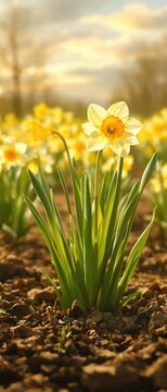 Individual daffodil bulbs poking out of the earth as they begin to bloom in a sunny field, daffodils, blooming, field, flowers