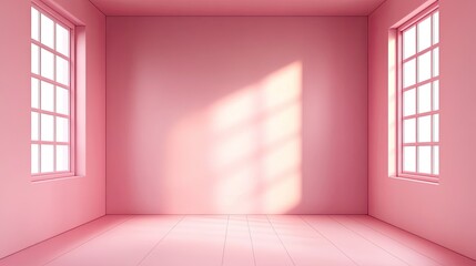 Sunlit pink room interior with two windows and wooden floor.