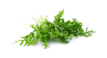Pile of fresh arugula leaves isolated on white