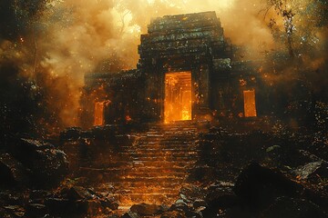 Enigmatic Ancient Temple Entrance Glowing with Ethereal Light in a Mystical Jungle Setting.