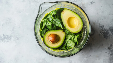 Fresh avocado and spinach in blender, ready for nutritious smoothie. vibrant green ingredients are perfect for healthy and energizing drink