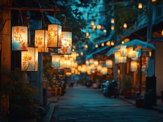 Obraz premium Rows of painted paper lanterns hanging in the market close up, handcrafted wonder, whimsical, Multilayer, artisan alley backdrop