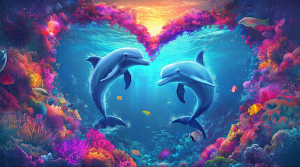 Two dolphins bended in the shape of an art and playing under the sea water.