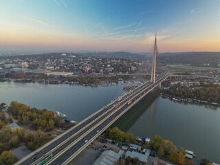 Fototapeta premium Bridge over Ada, Belgrade panorama - aerial drone view, Serbia