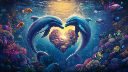 Two dolphins bended in the shape of an art and playing under the sea water.
