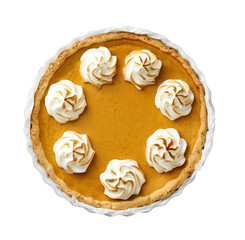 Tasty homemade pumpkin pie in baking dish isolated on white, top view