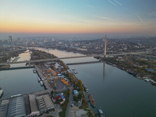 Obraz premium Bridge over Ada, Belgrade - aerial drone view, Serbia