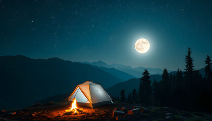 White tent locating on mountain hill near burning campfire at forest. Moonlight in the magic starry sky overnight camping in the mountains. Concept of travelling, hiking and night camping isolated w