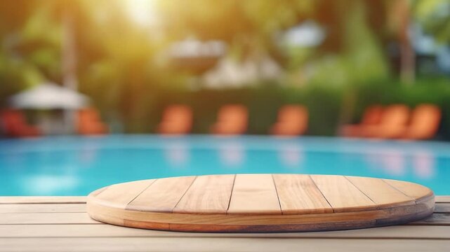 Simple wooden podium, blurred pool background,