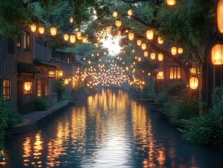 Fototapeta premium Lanterns strung high over a bustling river market copy space, floating wishes, surreal, Overlay, vibrant waterfront market backdrop