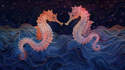 Two seahorses entwined, swimming in ocean waves under a starry night sky.